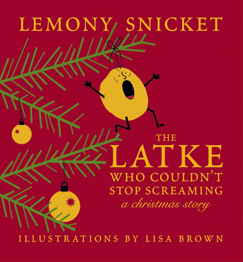 The Latke Who Couldn't Stop Screaming book cover- Hanukkah books- latke hanging off a Christmas tree like an ornament with arms and legs and a face