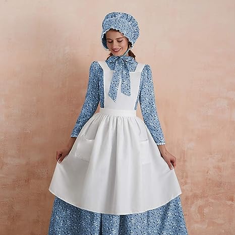 A woman is wearing a full coverage blue dress with a white apron over it. She is also wearing a bonnet.- book character costume