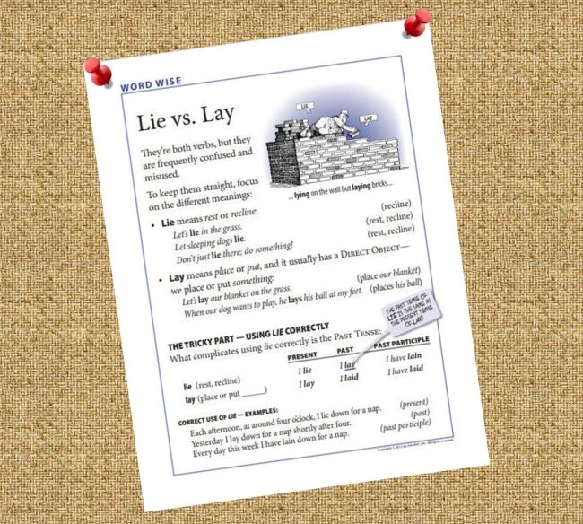 Lay vs Lie poster pinned to a bulletin board