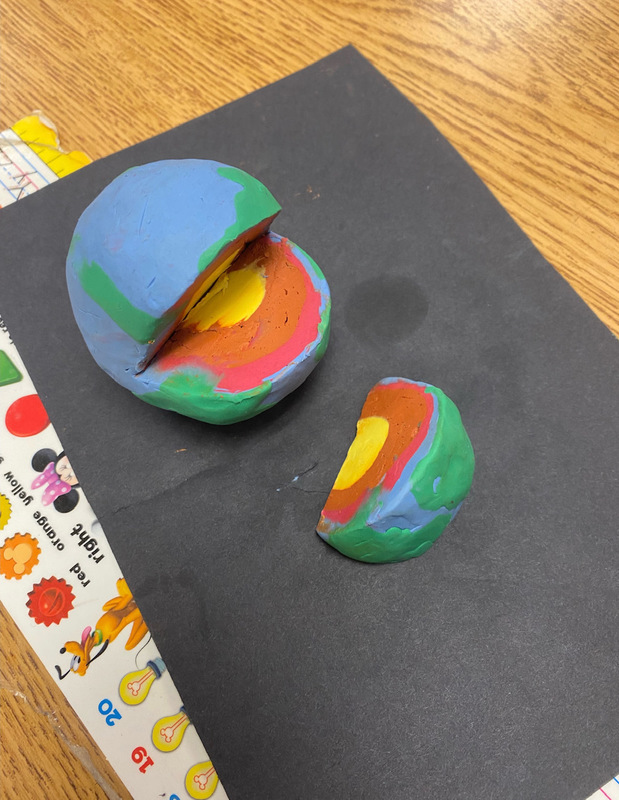 a ball of play doh has a slice taken out of it. It has a yellow center, a brown layer, a red layer, and a blue and green outer shell (first grade science experiments)