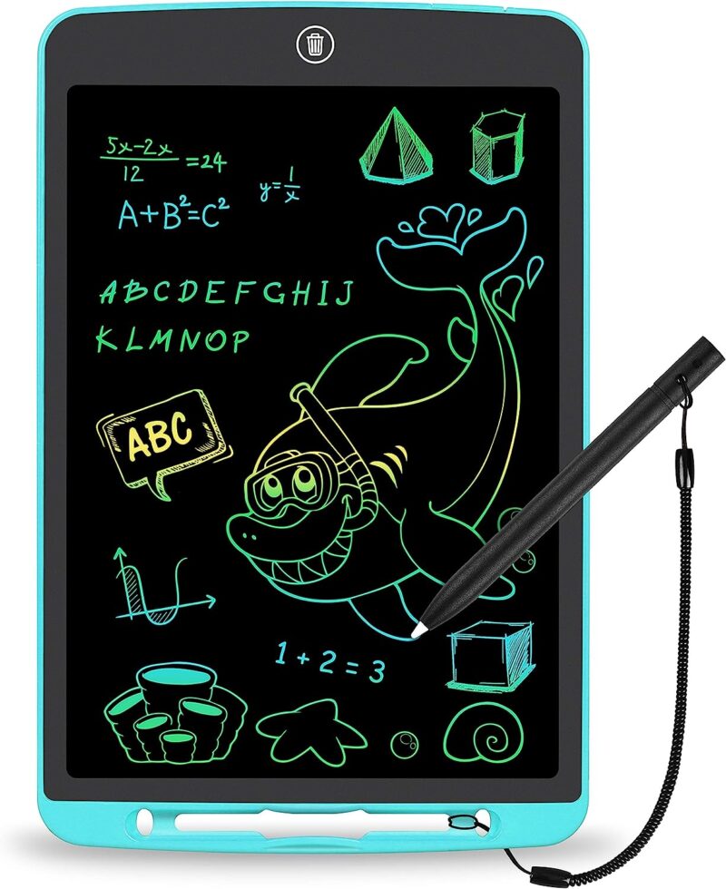An electronic tablet has a black background and a pen attached. Lots of drawing games can be played with a tablet like this one.