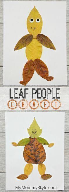 Two people are made entirely out of leaves glued together. Text reads "Leaf People Craft" in this fall art project.