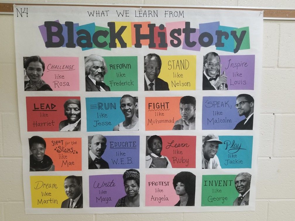 A rainbow colored bulletin board says Black History across the top. It has photos of different people with what can be learned from each emblazoned on them.
