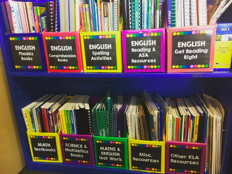 Colorful labeled magazine holders hold professional materials as an example of classroom organization