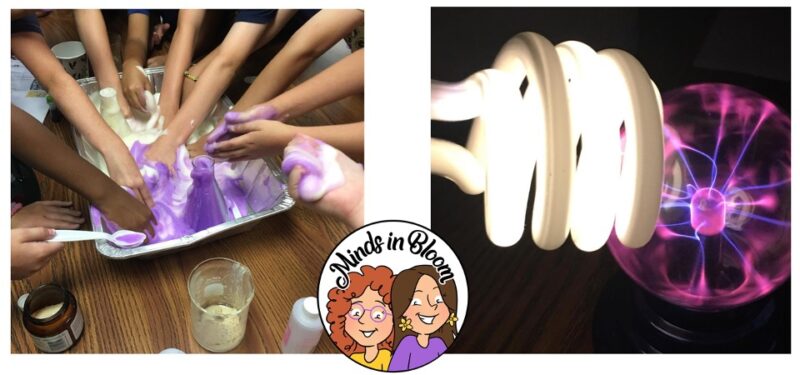 students' hands reaching into a tray of purple foam plus a coiled lightbulb emitting purple light