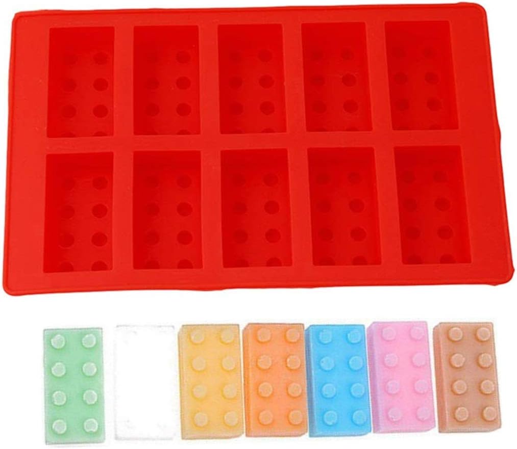 Recycled crayons in the shape of LEGO bricks next to the mold.