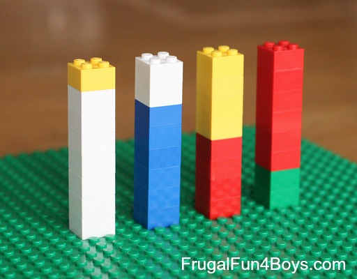four lego towers showing equivalent fractions for teaching fractions