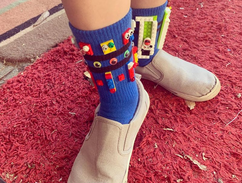 Socks decorated with LEGO bricks