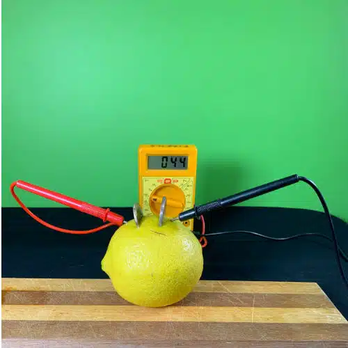lemon with coins in it to create a lemon battery