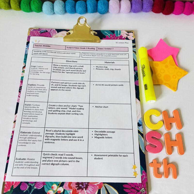 Example of 5E lesson plan on a colorful clipboard with a highlighter