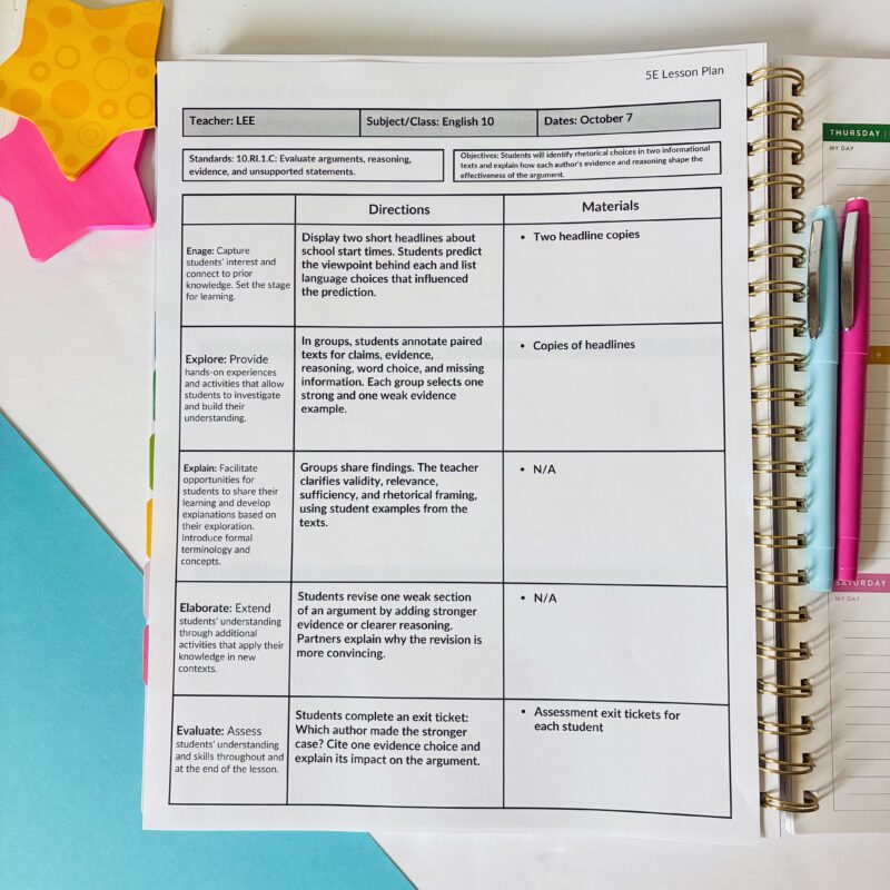 Lesson plan example for high school showing a weekly overview