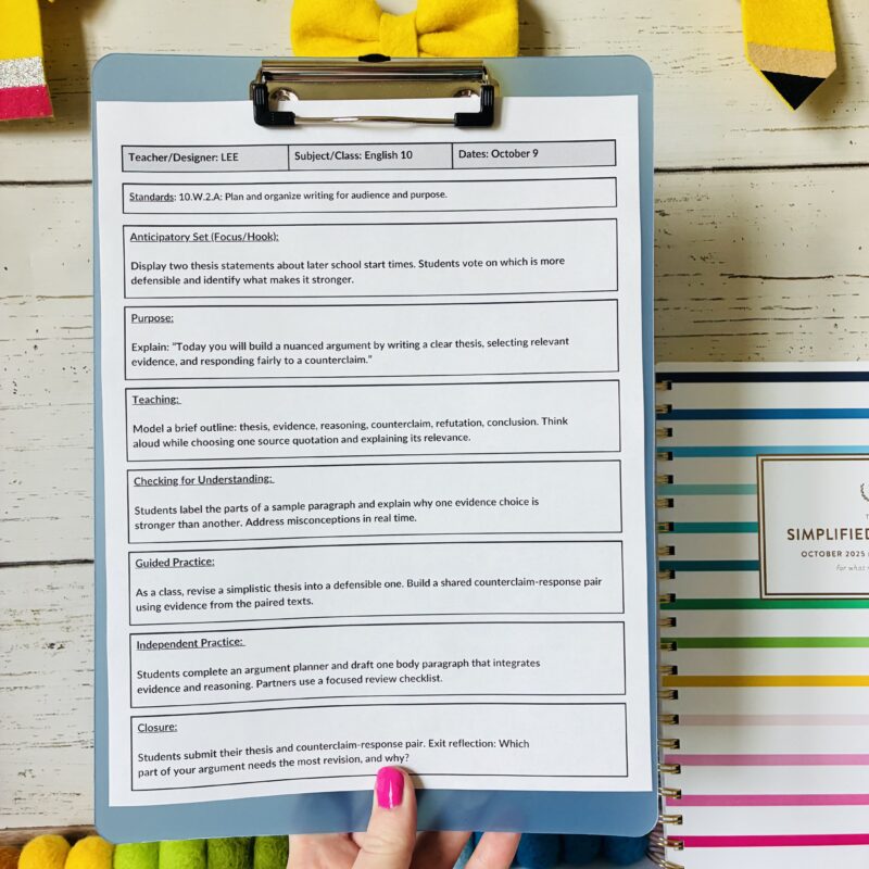 Direct instruction lesson plan example for high school on a clipboard