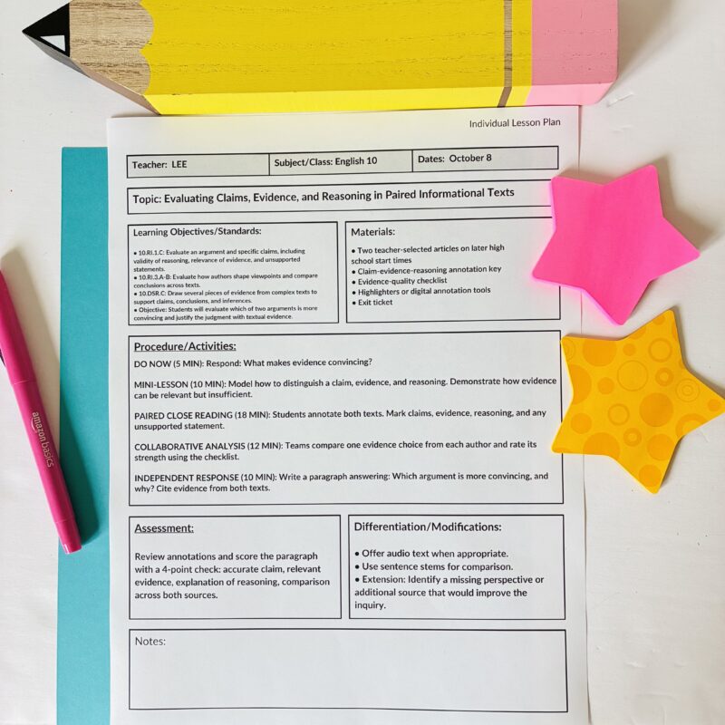 Individual lesson plan example for high school