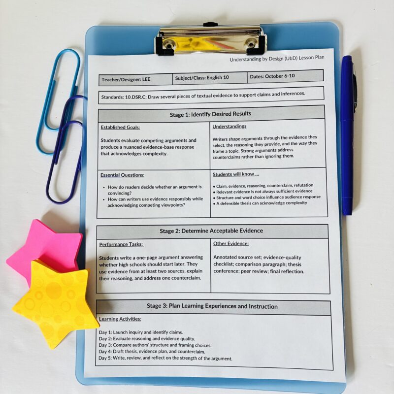 Understanding by design (UbD) lesson plan example for high school on a clipboard
