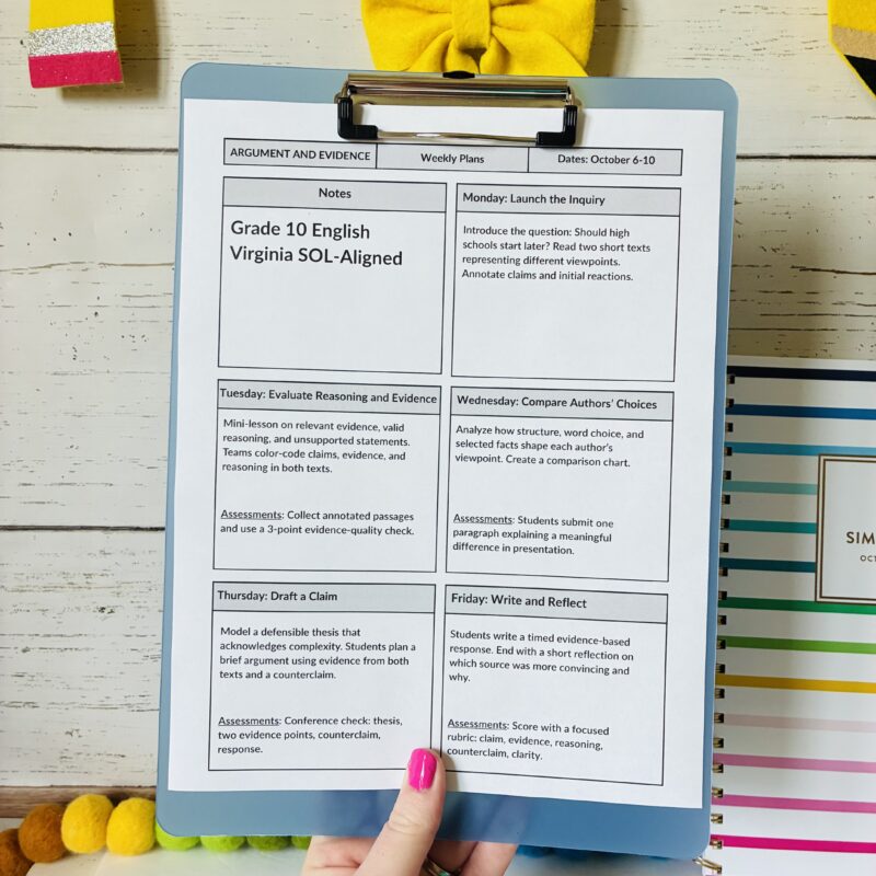 Weekly Overview lesson plan example for high school on a clipboard