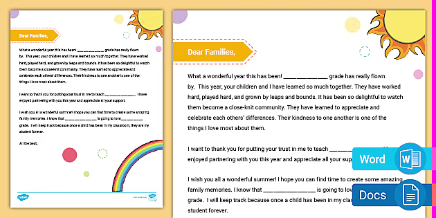 End of year letter to parents with rainbow and sun illustrations on orange background.