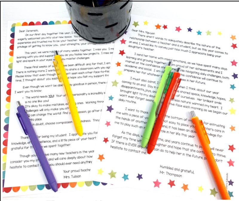 End of year letter for students and families from teacher on a table with colored pens.