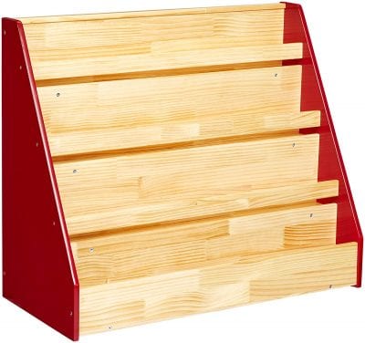 Red wooden book display -- second grade classroom supplies