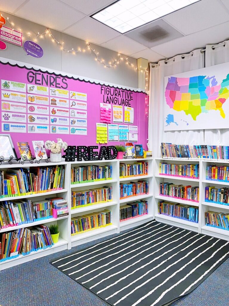 classroom library that is organized with posters and space to read