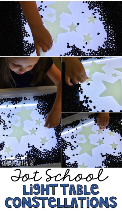 A child is seen playing at a light table that has stars laid out on it.- space-themed classroom