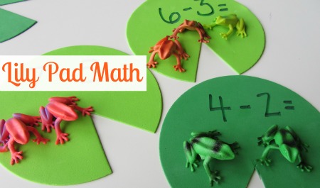 Using foam lilypads with plastic frogs on top are an example of fun subtraction activities