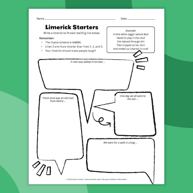 Printable limerick starter worksheet