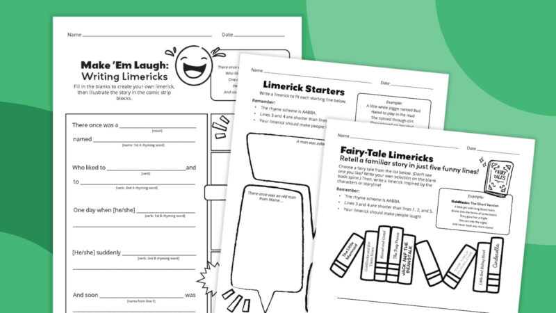 Collage of three printable limerick worksheets