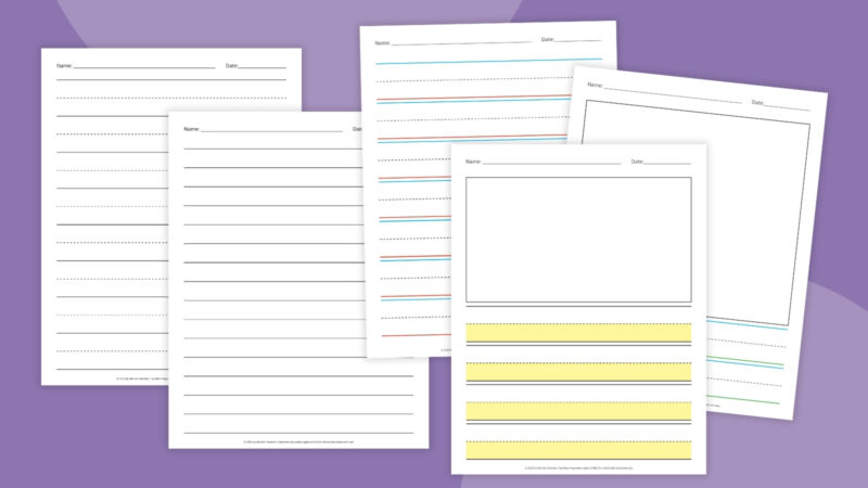 Lined writing paper pages on a purple background