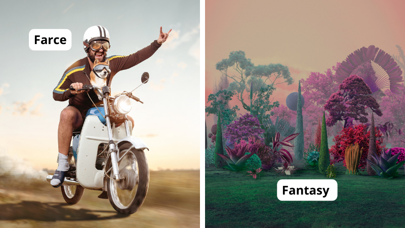 Examples of literary genres including man on motorcycle with dog as an example of a farce and a colorful land as an example of fantasy.