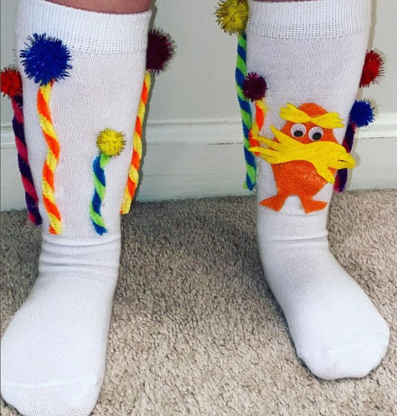 White socks with felt shapes from The Lorax