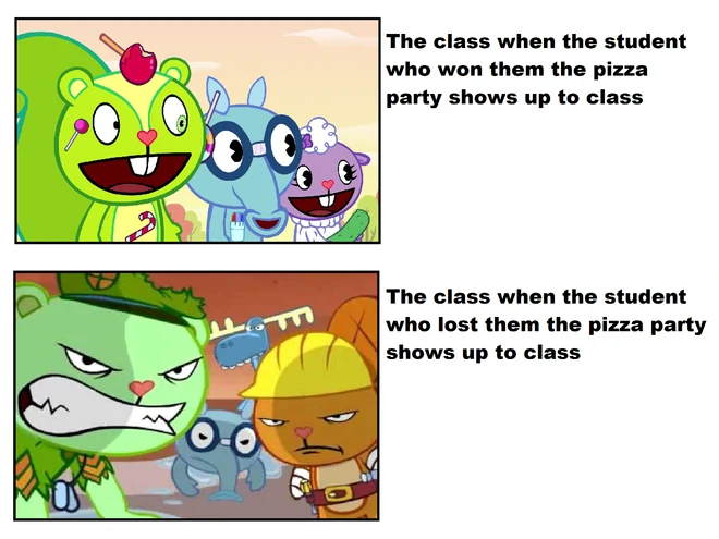 نص يقول الفصل عندما يحضر الطالب الذي فاز بحفلة البيتزا إلى الفصل ، يحضر الفصل الطالب الذي فقدهم حفلة البيتزا إلى الفصل