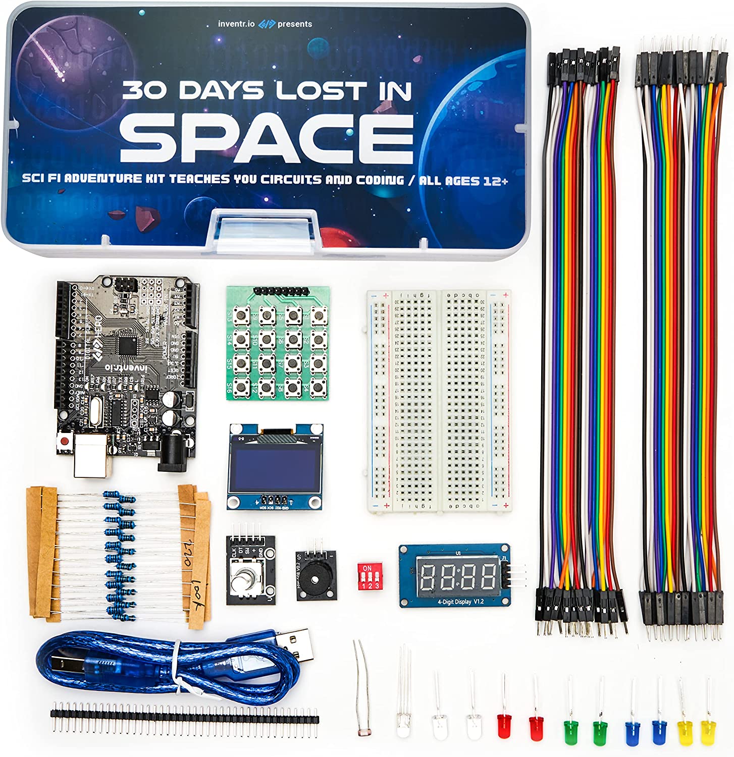 Coding toys have themes like this one called 30 days lost in space. The title is on a space themed box.