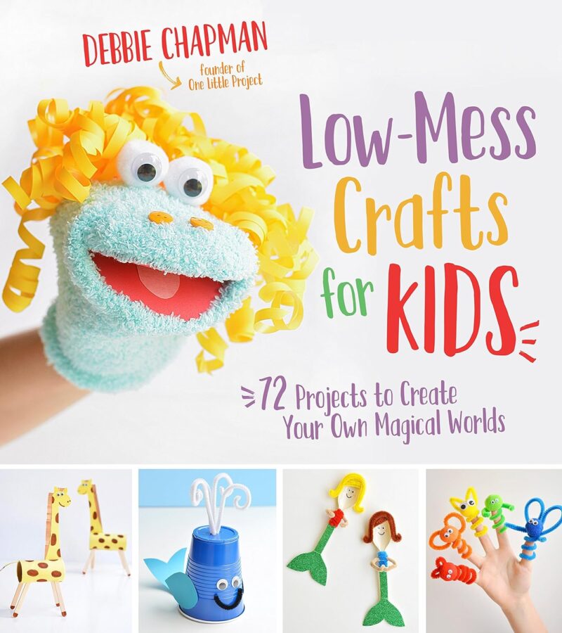 Art gifts for kids include this box which says Low-Mess Crafts for Kids with a sock puppet and some other crafts featured on it.