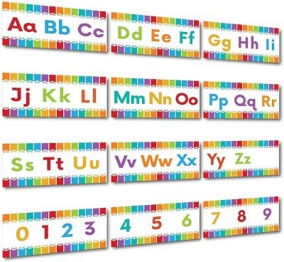 Colorful strips of paper with the alphabet written in uppercase and lowercase letters.