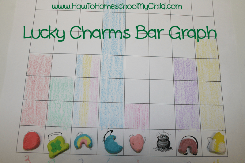 a Lucky Charms bar graph worksheet with colored columns and pieces of Lucky Charms cereal at the bottom