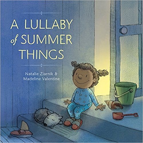 A Lullaby of Summer Things book cover with a child in pajamas and pet dog sleeping next to her. 