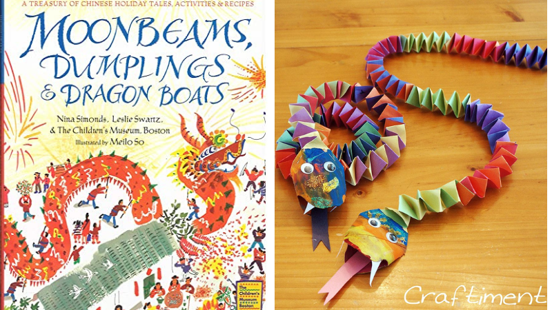 Moonbeams, Dumplings and Dragon Boats book cover and paper dragon crafts as examples of Lunar New Year books and activities.