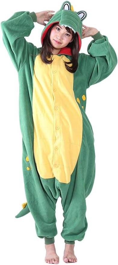 A woman is seen wearing a crocodile onesie.-book character costume