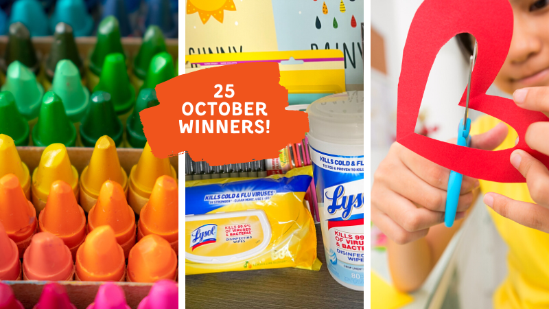 Collage of school supplies with callout '25 October Winners'