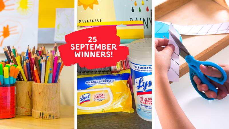 Collage of school supplies with callout '25 September Winners!'