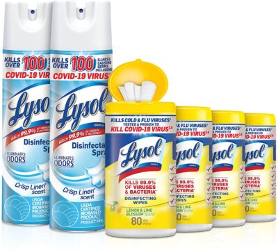 2 cans of Lysol Disinfectant Spray and 4 tubs of Lysol Disinfecting Wipes