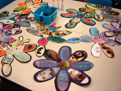 flower shapes are covered in magazine pieces that form a collage.