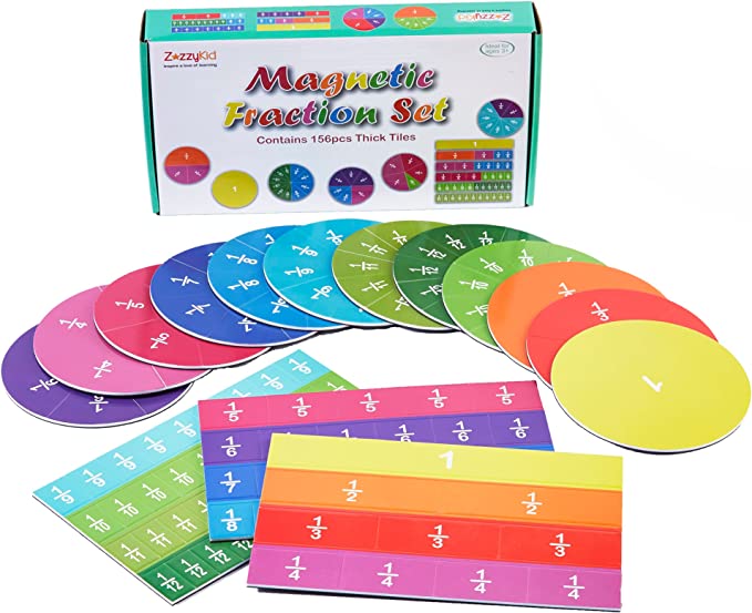 Magnetic fraction set box and colorful magnets on display.