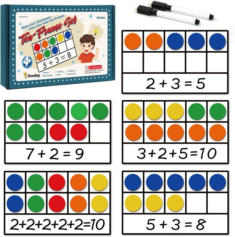Magnetic Ten Frame sets with colored chips and dry erase markers