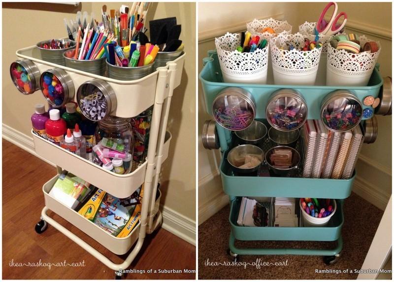 Two carts are shown filled with art and classroom materials. Small magnetic containers are attached to the sides and contain things like paper clips.