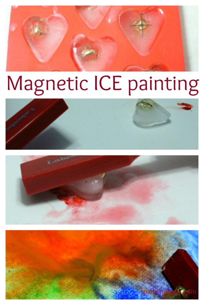 An image says Magnetic Ice Painting. It shows heart shaped ice cube trays with little metal bells in them. A magnet is seen rolling ice over water color paper that has paint being smeared across it.