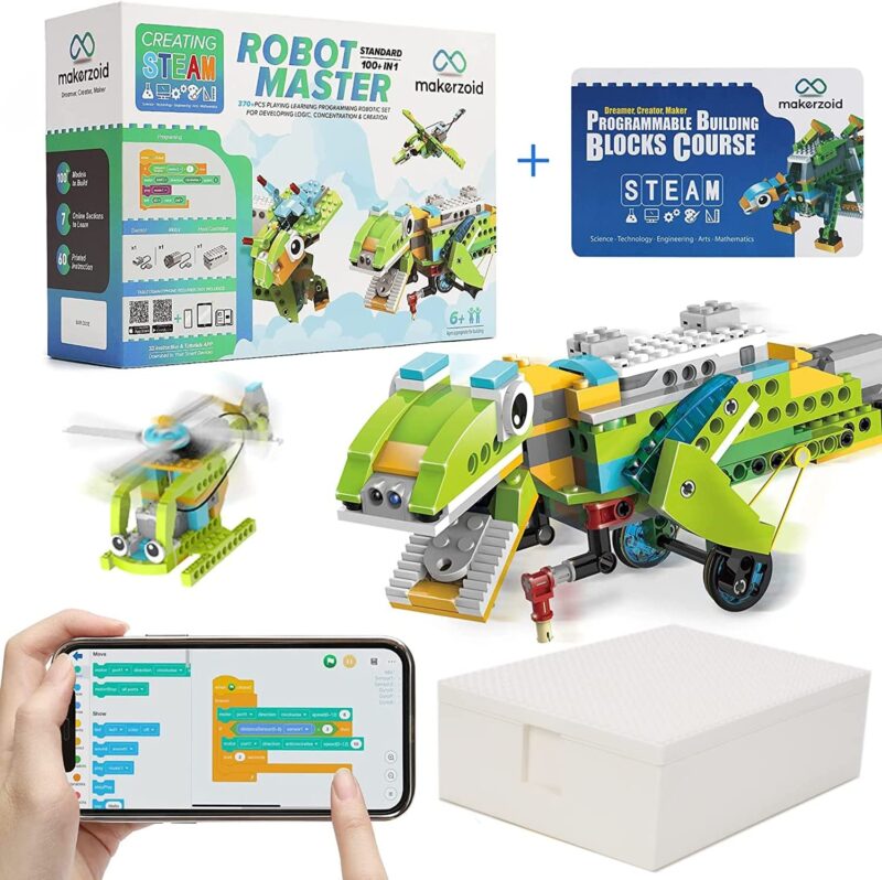 A crocodile robot is shown as is a box and a hand shown holding a smartphone.