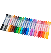 A straight line of felt tip pens spanning all colors of the rainbow are shown.