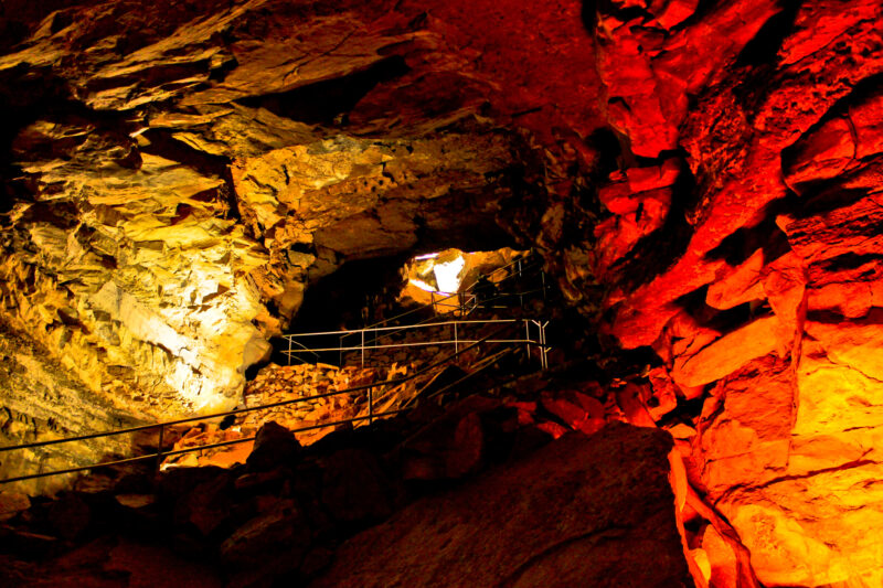 Mammoth Cave lit up with orange and yellow.
