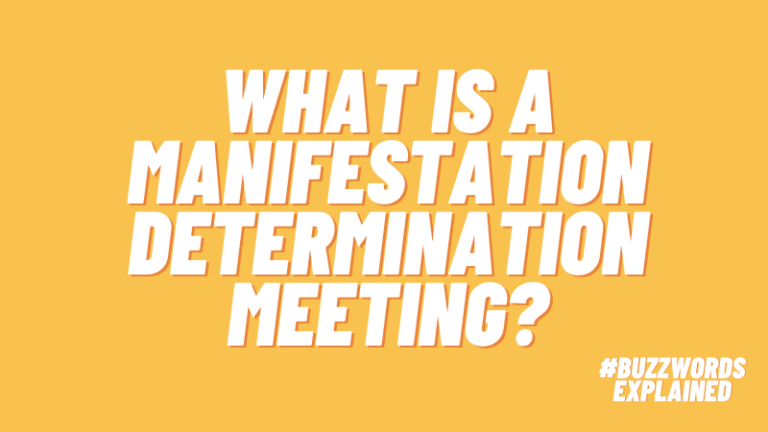 Text that says What Is a Manifestation Determination Meeting? on a yellow background with #BuzzwordsExplained logo.